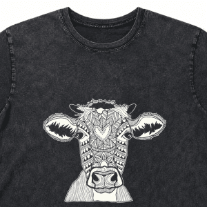 Dark heather T-shirt with a white, intricate ox/cow head graphic centered on the chest.